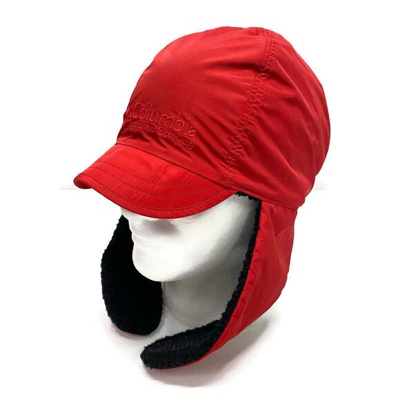 Vintage Columbia Red Nylon Shell Fleece Lined Ear Flap Trapper Hat Hunting Cap - Picture 1 of 12